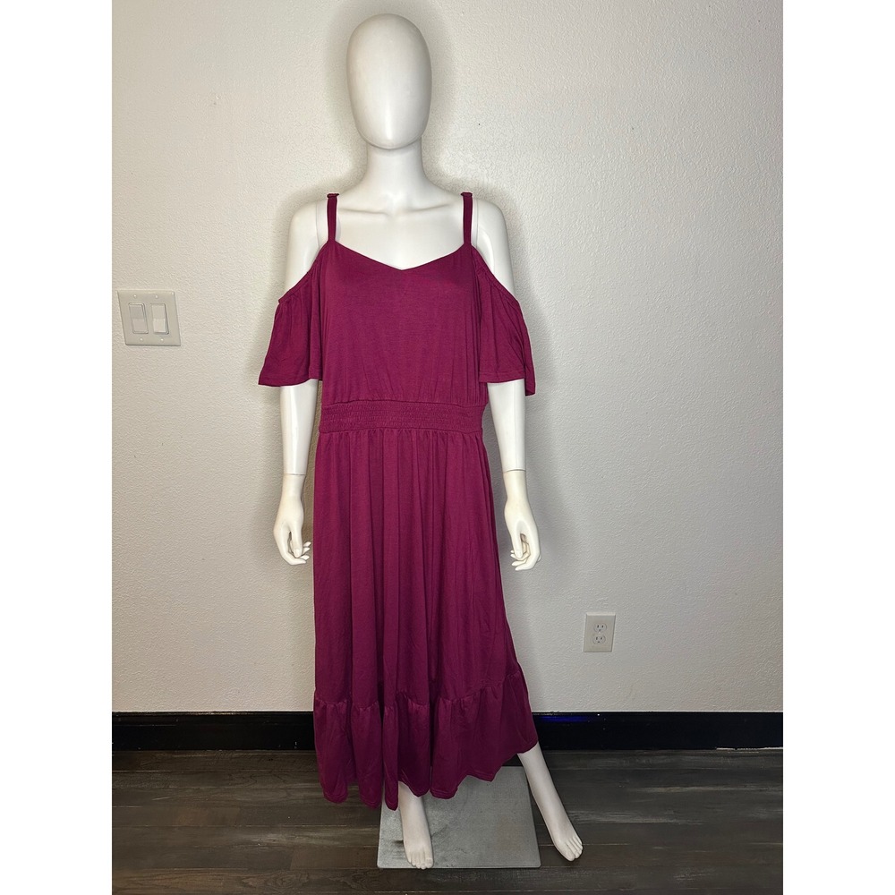 Bloomchic Magenta Cold Shoulder Maxi Dress Smocked Waist Flutter Sleeve